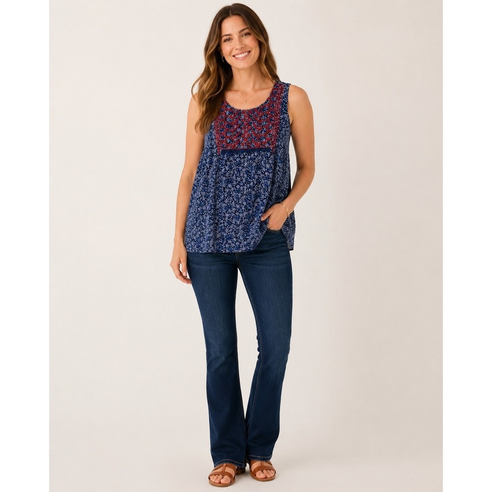 Knox Rose Tank Top Womens Medium Blue Red Floral Print‎ Fringe Polyester Lined